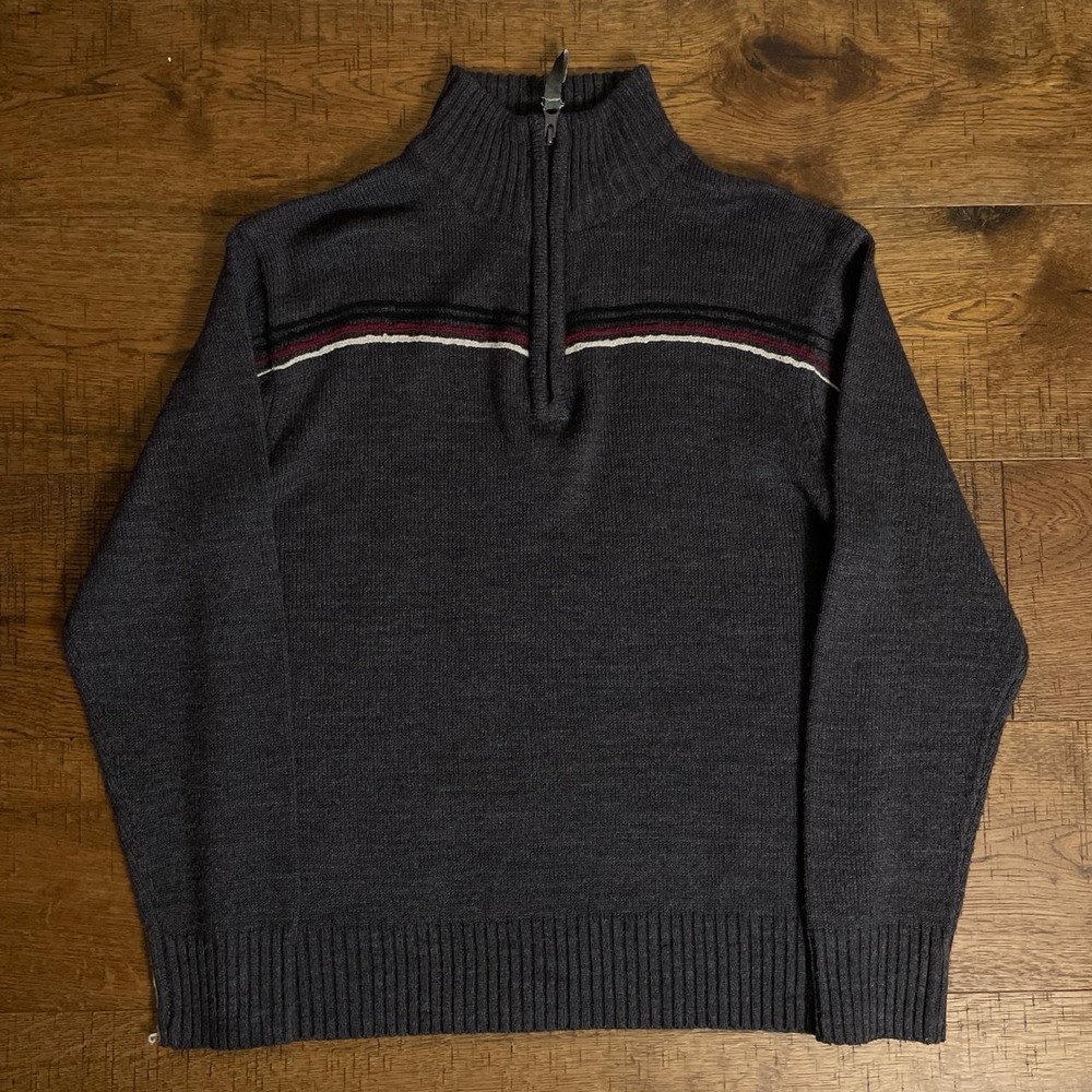 Modern Culture Quarter Zip Sweater Mens L Grey Preppy Striped Wool Blend Knit